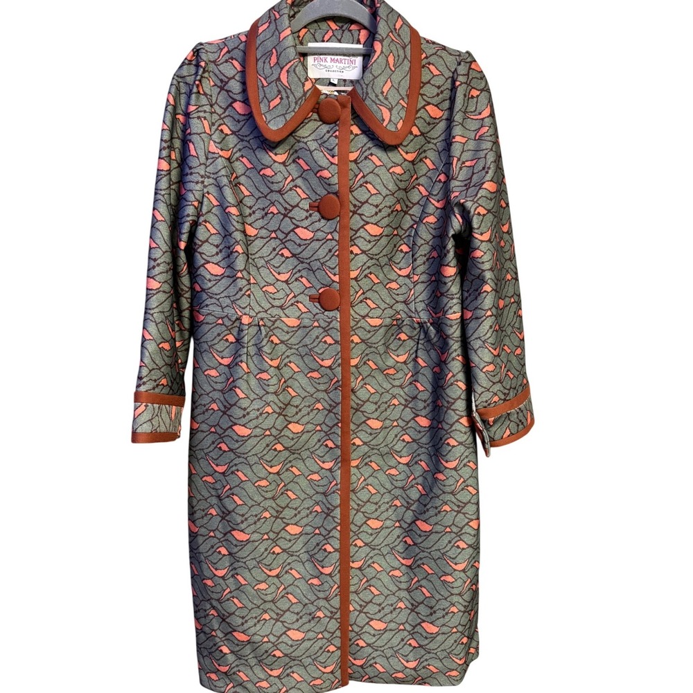 Pink Martini Collection Women's Coat Size L Geometric Print Button Front Collar-